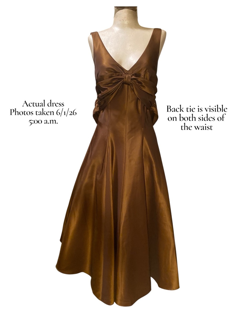 Nicole Miller Bronze Copper Chocolate Brown Midi Dress with Back Bow - Picture 6 of 13